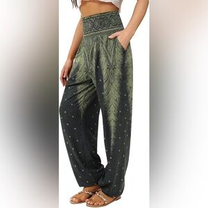 Green Feather Print Wide Leg Harem Pants